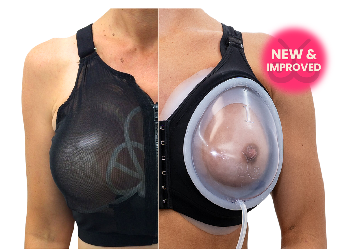 Original BRAVA dome beside a clear EVEBRA dome in a hook-and-eye expansion bra