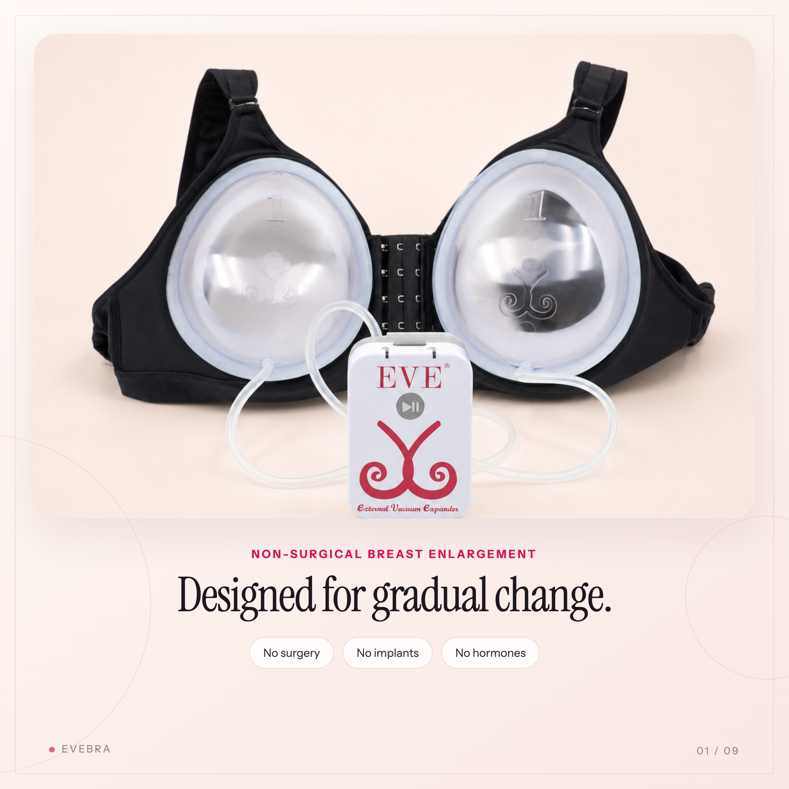 EVEBRA non-surgical breast enlargement system with EVEBRA Bra, Domes, and Pump